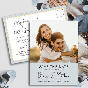 Carte Postale Faire-part Dusty Blue Fun Script Mariage Photo Moderne Enregi