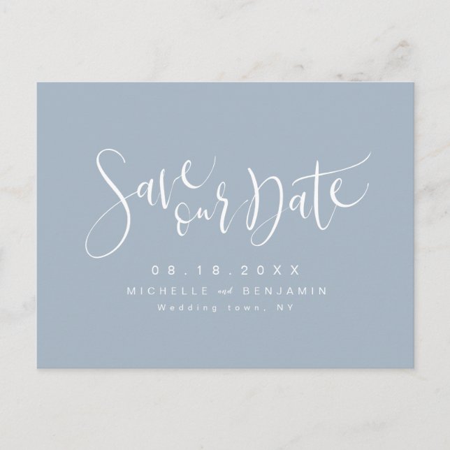Carte Postale Faire-part Dusty Blue Modern Script Simple Enregistrer La Dat (Devant)