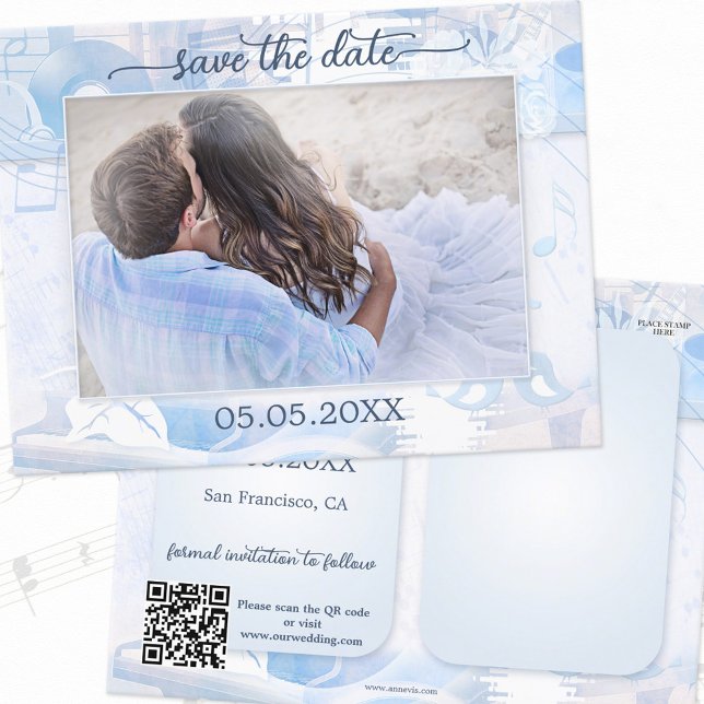 Carte Postale Faire-part Dusty Blue Music Thème Photo Enregistrer la date (Créateur téléchargé)