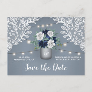 Carte Postale Faire-part Dusty Blue Pays dentelle Mason Jar Enregistrer la 