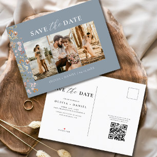 Carte Postale Faire-part Dusty Blue QR Code Fleur sauvage Floral Mariage