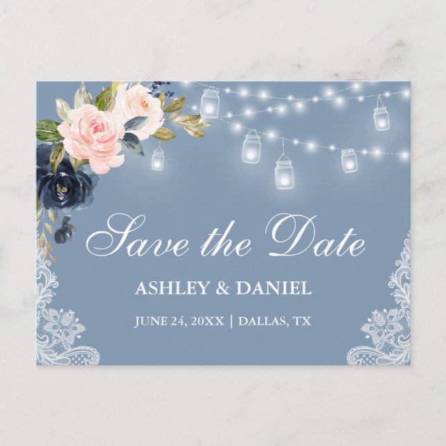 Carte Postale Faire-part Dusty Blue Rose Floral Lights Dentelle Enregistrer (Devant)