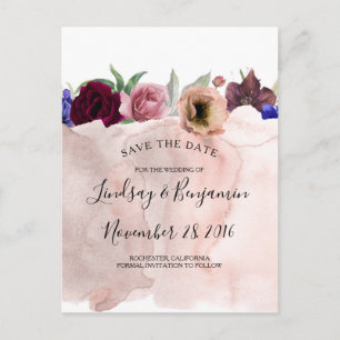 Carte Postale Faire-part Dusty Rose Navy Bourgogne Rouge Floral Enregistrer