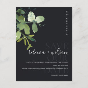 CARTE POSTALE FAIRE-PART EAU-FORTE EUCALYPTUS NOIR VERT ENREGISTRER LA DATE