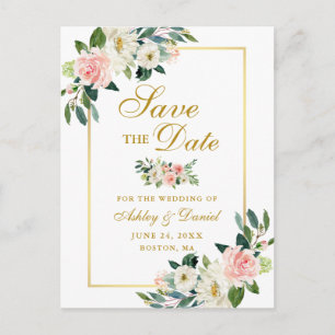 Carte Postale Faire-part Économies florales blanches roses élégantes l'or