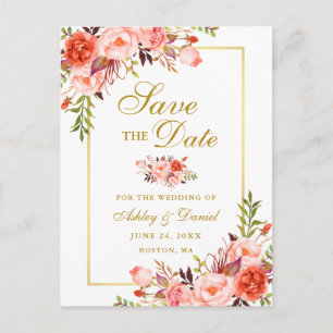 Carte Postale Faire-part Économies florales de corail élégantes l'or de