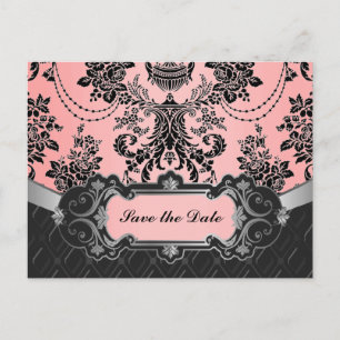 Carte Postale Faire-part Économies rose-clair et noires de mariage damassé