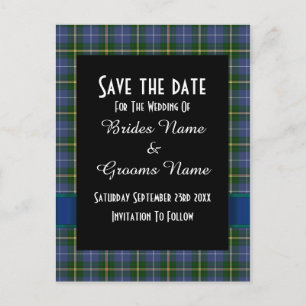 Carte Postale Faire-part Économisez la date à carreaux tartan bleu et vert