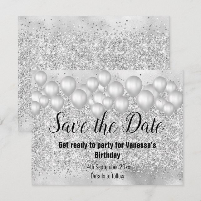 Carte Postale Faire-part Économisez la date Ballons argentés Paillettes (Devant / Derrière)