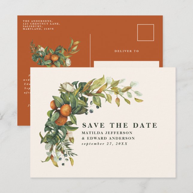 Carte Postale Faire-part Écriture élégante mariage moderne botanique citrus (Devant / Derrière)