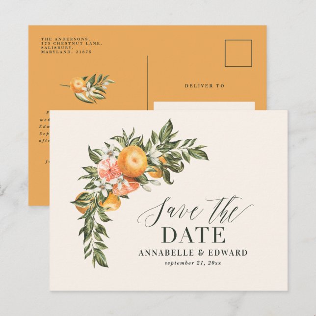 Carte Postale Faire-part Écriture élégante mariage moderne botanique citrus (Devant / Derrière)