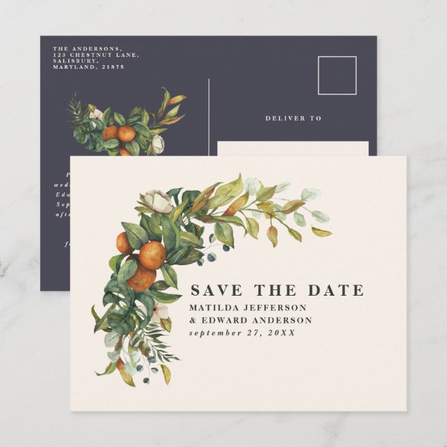 Carte Postale Faire-part Écriture élégante mariage moderne botanique citrus (Devant / Derrière)