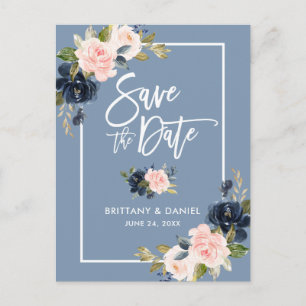 Carte Postale Faire-part Écriture Pinceau Save the Date Bleu Poussiéreux Ro