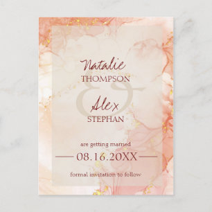 Carte Postale Faire-part Effet Marbre Or Orange Pêche Élégant Mariage