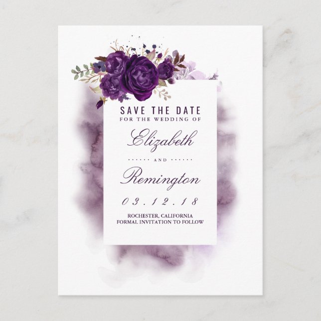 Carte Postale Faire-part Eggplant Floral Elegant Enregistrer la date (Devant)