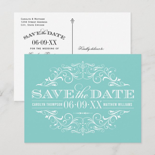 Carte Postale Faire-part Elégant Aqua Blue Flourish Wedding Enregistrer la  (Devant / Derrière)