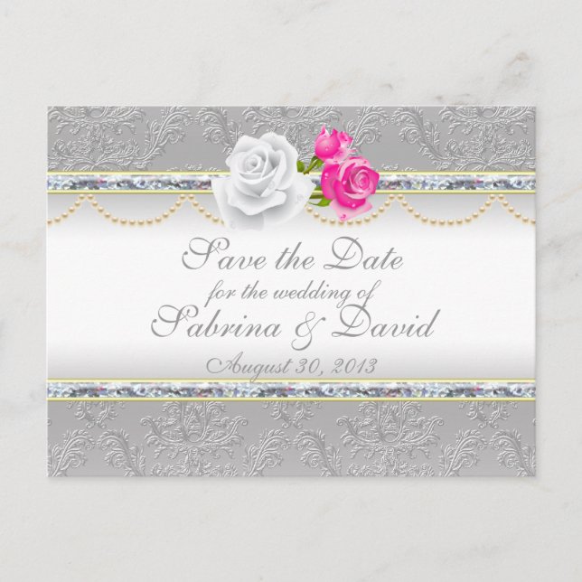 Carte Postale Faire-part Elégant Argent Damas et Rose Sauvez la date (Devant)