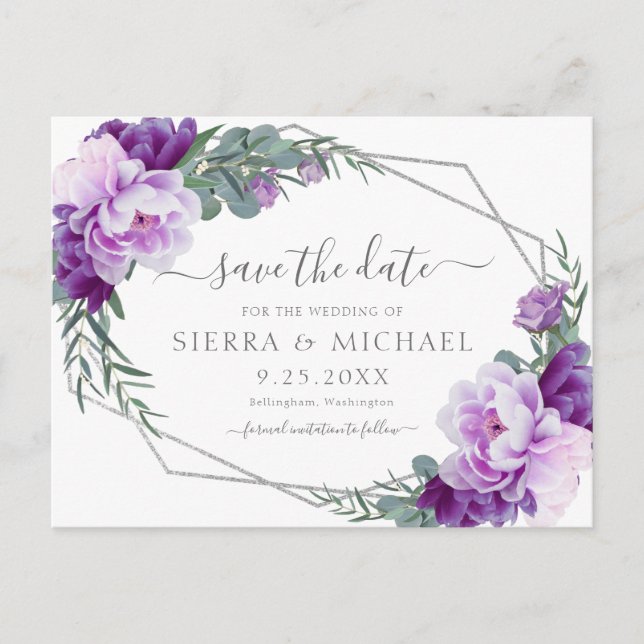 Carte Postale Faire-part Élégant Argent Fleurs Violettes Enregistrer la Dat (Devant)