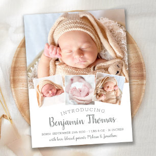 Carte Postale Faire-part Elegant Baby Personnalisé 4 Photo Collage Naissanc