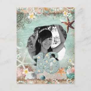 Carte Postale Faire-part Elégant Beach Sea Starfish Pearls 16ème 16 Anniver