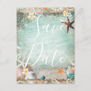 Carte Postale Faire-part Elégant Beach Sea Starfish & Pearls Enregistrer la
