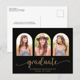 Carte Postale Faire-part Elégant Black Gold Arch 3 Photo Graduation