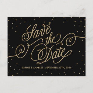 Carte Postale Faire-part Élégant Black & Gold Parties scintillant Stars Enr