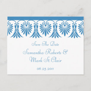 Carte Postale Faire-part Élégant Bleu Défilé sur Blanc Enregistrer la date