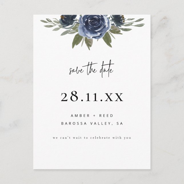 Carte Postale Faire-part Élégant Bleu Marine Fleurs Aquarelle Save the Date (Devant)