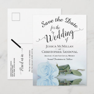 Carte Postale Faire-part Elégant bleu pâle Rose mariage Enregistrer la date