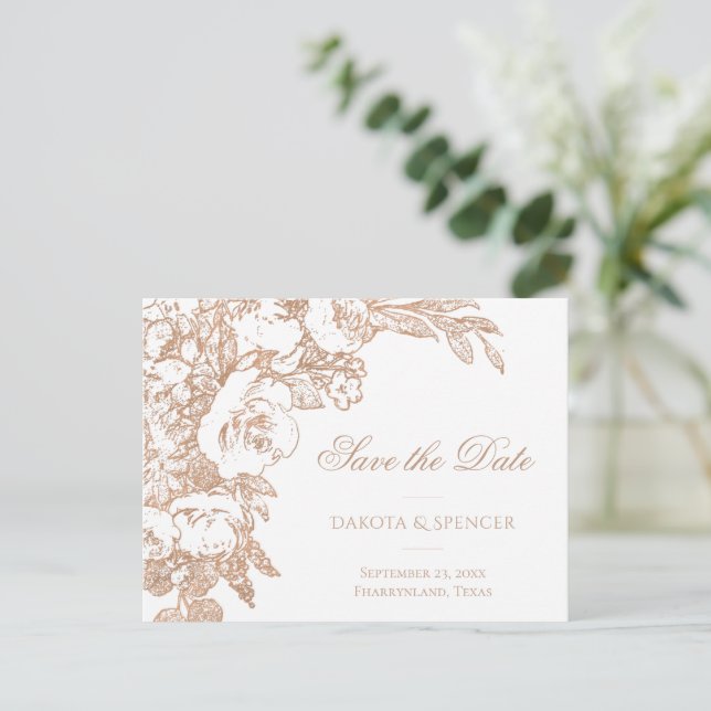 Carte Postale Faire-part Élégant botanique | Copper Rose Gold Date de l'évé (Debout devant)