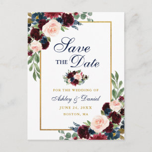 Carte Postale Faire-part Elégant Bourgogne Floral Gold Blue Enregistrer la 