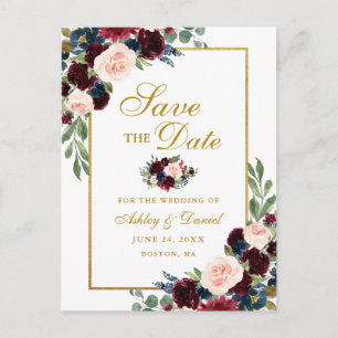 Carte Postale Faire-part Elégant Burgundy Blue Floral Gold Enregistrer la d