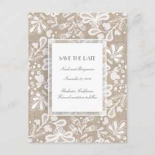Carte Postale Faire-part Élégant Burlap and Lace Enregistrer la date
