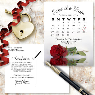 Carte Postale Faire-part Élégant calendrier Mariage Red Rose Enregistrer la