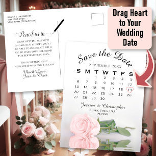 Carte Postale Faire-part Élégant calendrier Mariage Rose rose Enregistrer l