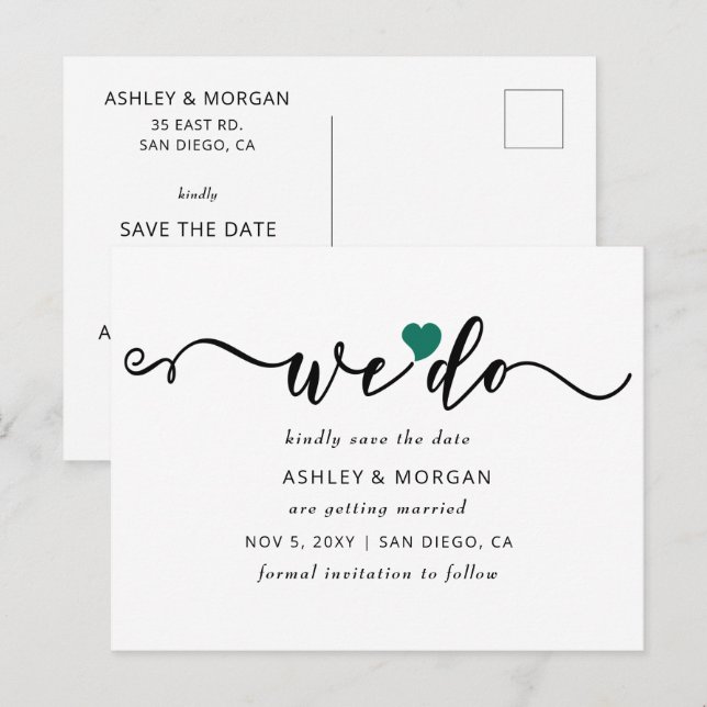 Carte Postale Faire-part Élégant Coeur de Teal Script Nous sauvons la date (Devant / Derrière)