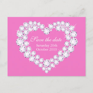 Carte Postale Faire-part Élégant coeur diamant enregistrer la date rose