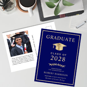 Carte Postale Faire-part Elegant College Photo Marine Blue Gold Graduation