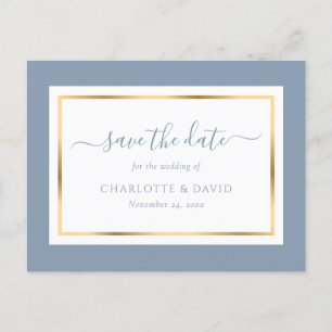 Carte Postale Faire-part Elégant Dusty Blue et Gold Wedding Enregistrer la 