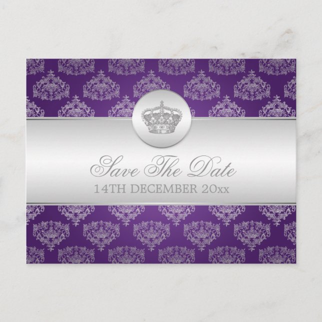 Carte Postale Faire-part Élégant Enregistrer La Date Couronne Royale Violet (Devant)