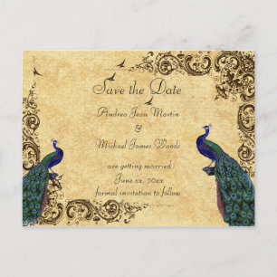 Carte Postale Faire-part Élégant, Enregistrer la date, Peacocks, Personnali