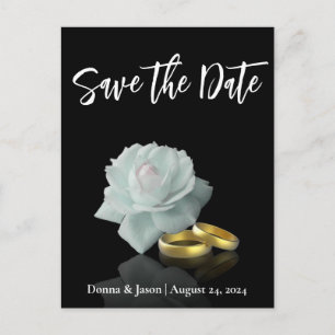 Carte Postale Faire-part Élégant Enregistrer la Date Rose Blanche Anneaux d