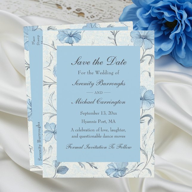 Carte Postale Faire-part Élégant Fleurs Bleu Jardin Mariage Économisez la D (Créateur téléchargé)