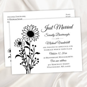 Carte Postale Faire-part Elégant Floral Blanc Noir Juste Marié Mariage