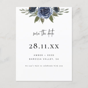 Carte Postale Faire-part Élégant floral bleu marine Sauvez la date