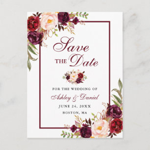 Carte Postale Faire-part Élégant Floral Bourgogne Enregistrer La Date