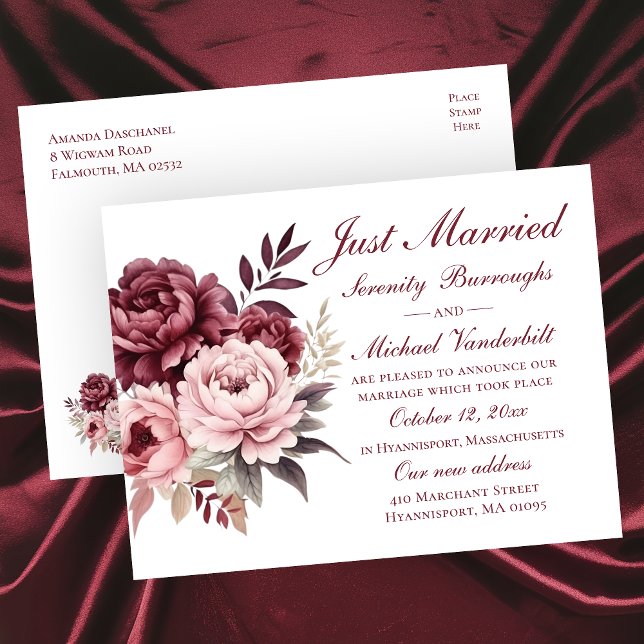 Carte Postale Faire-part Elégant Floral Bourgogne Peony Juste Marié Mariage (Créateur téléchargé)