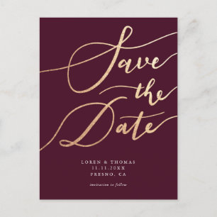 Carte Postale Faire-part Élégant mariage de script Gold en Bourgogne Sauvez
