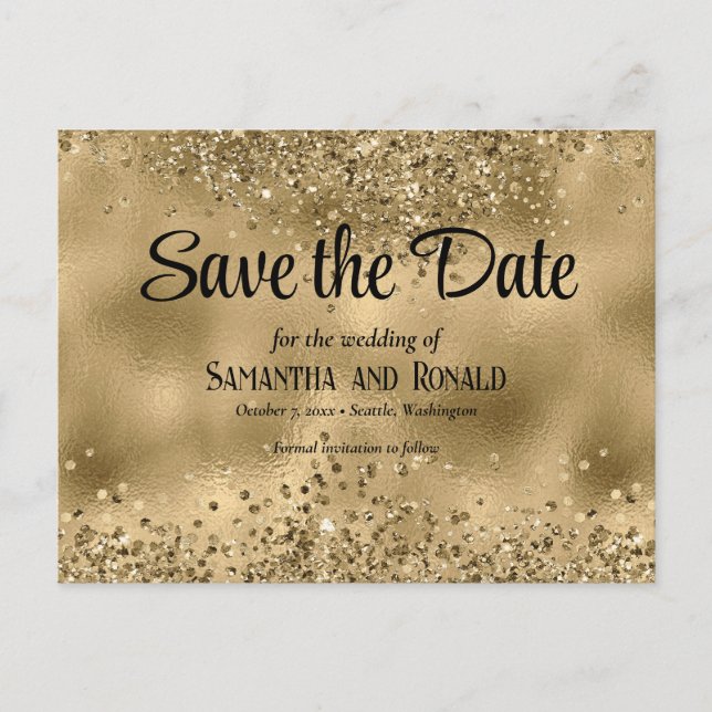Carte Postale Faire-part Élégant Mariage Paillettes et Feuille d'Or Faux (Devant)